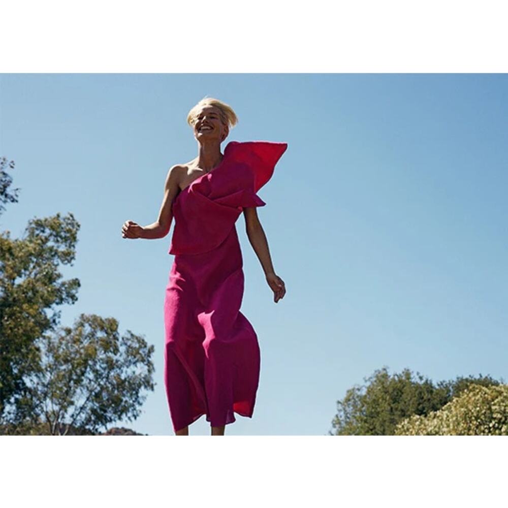 Three Graces London Valentina One Shoulder Linen Maxi Dress pink size UK 8 US 4 - Picture 14 of 15